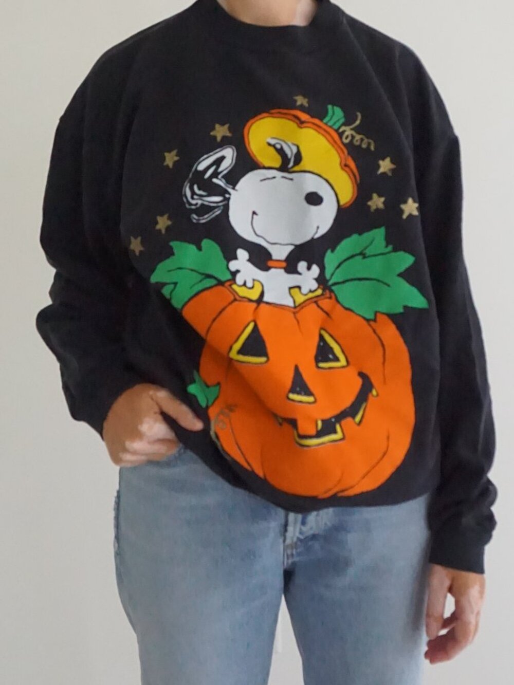 Vintage Peanuts Black Snoopy Pumpkin Jack O Lantern Stars Halloween Sweater L
